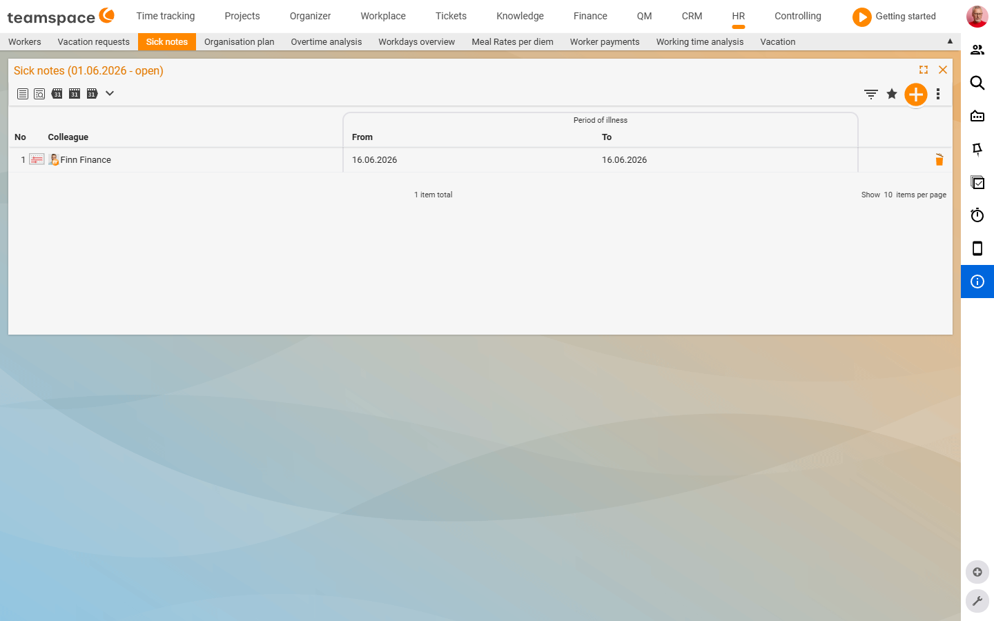 HR module Sickness reports tab with the list: columns No, Colleague, Sickness period (From/To); no entries in the current period