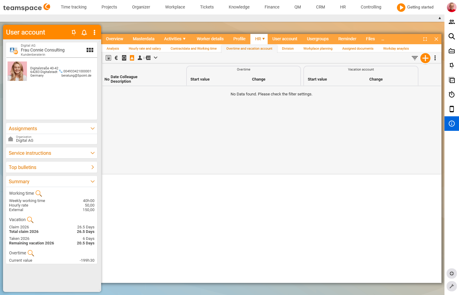 HR sub-tab Overtime and leave account with the columns Date, Employee, Description of the change, Overtime (starting value/change) and Leave account (starting value/change); without manual entries