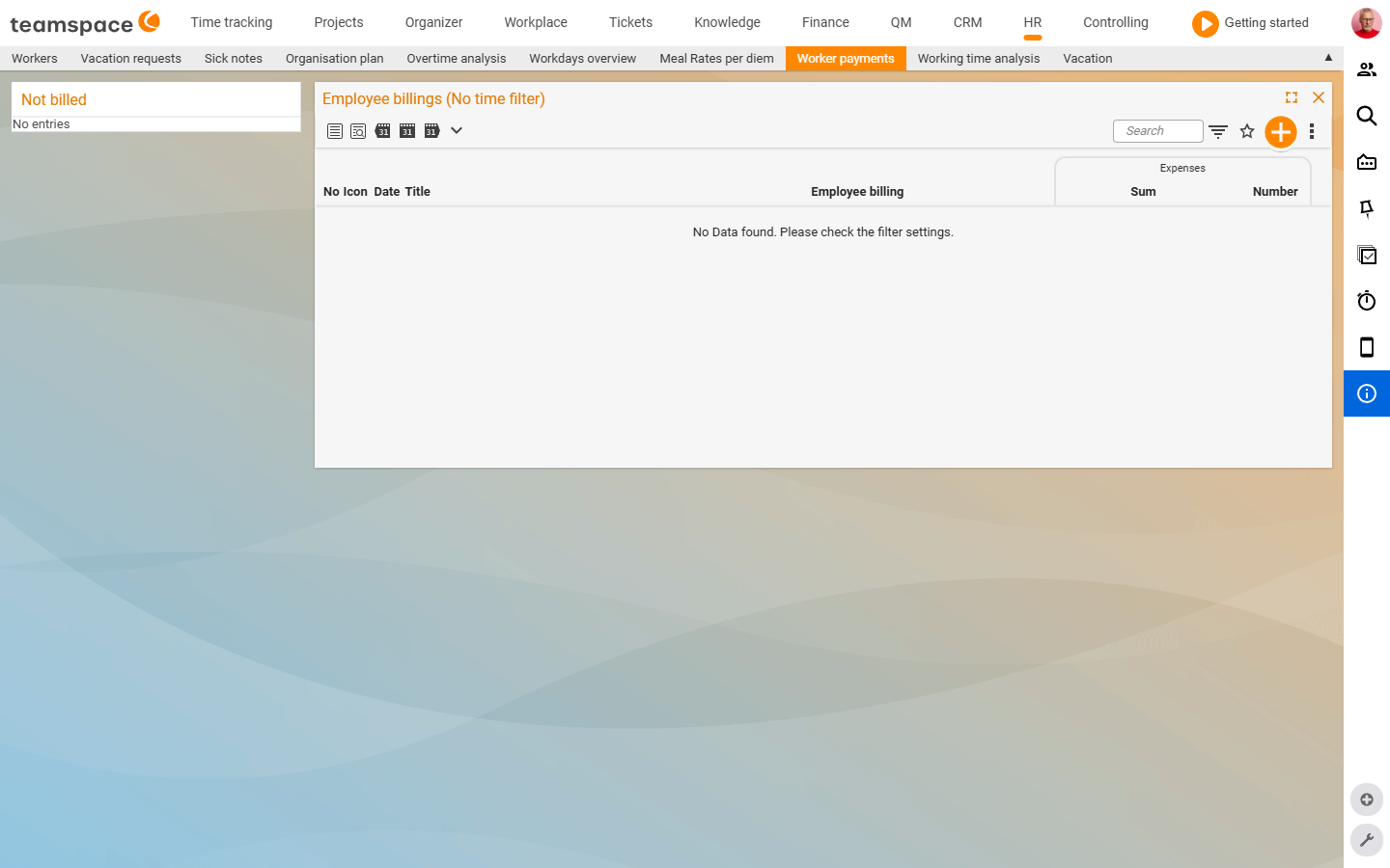 HR tab Employee payouts: left sidebar with the accordion Not billed, on the right the billing list with the columns No, Date, Title, Employee, Expenses (sum, count)