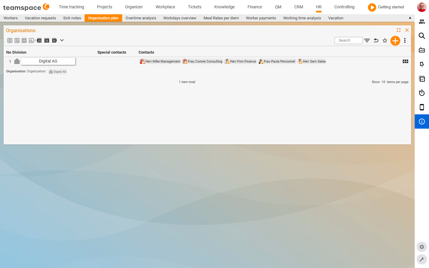 HR Org chart tab with the Organisations list: department Digital AG with its contacts (Volker Vorstand, Barbara Beratung, Finn Finanzen, Pia Personal, Viktor Vertrieb); the view-toggle icons in the toolbar above