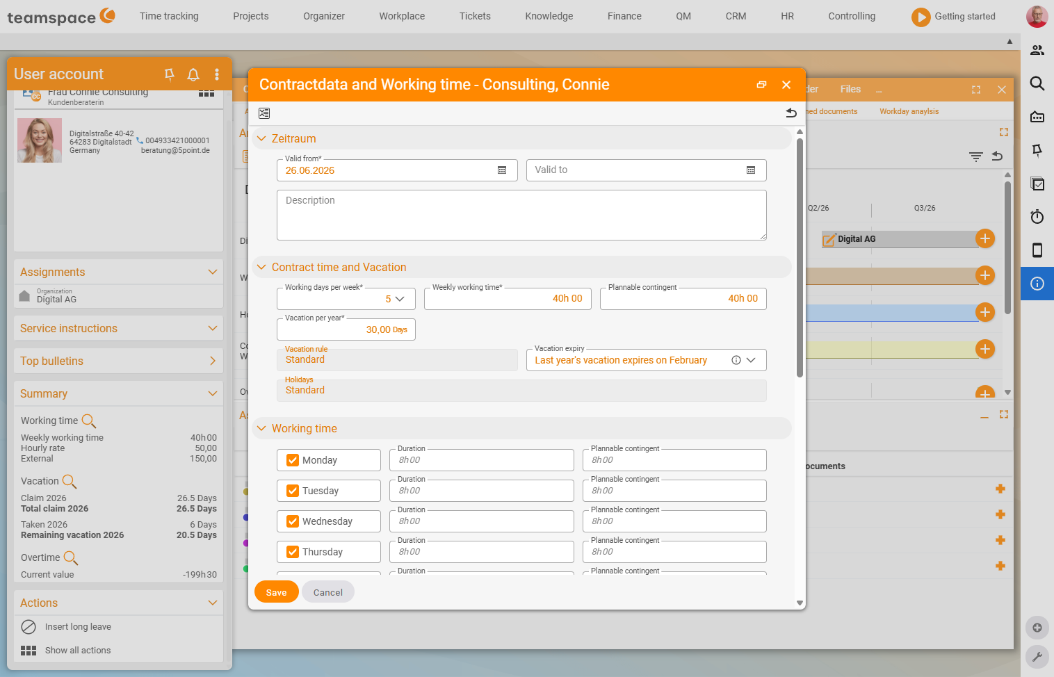 Contract data dialog when creating a new time slice via the plus icon: Period section with Valid from (22.06.2026), Valid to and a description of the change, below it contractual time and leave as well as working hours