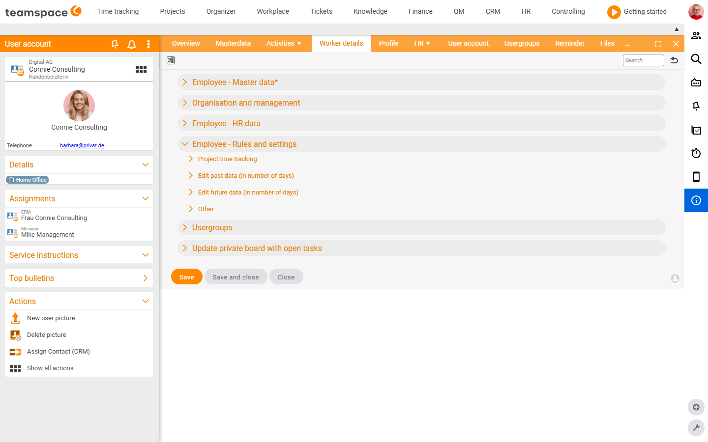 Employees tab with the accordions Employee - master data, Organisation and management, Employee - HR data, Employee - rules and settings (expanded with project time recording, Retroactive change in days, future changes, other), User groups