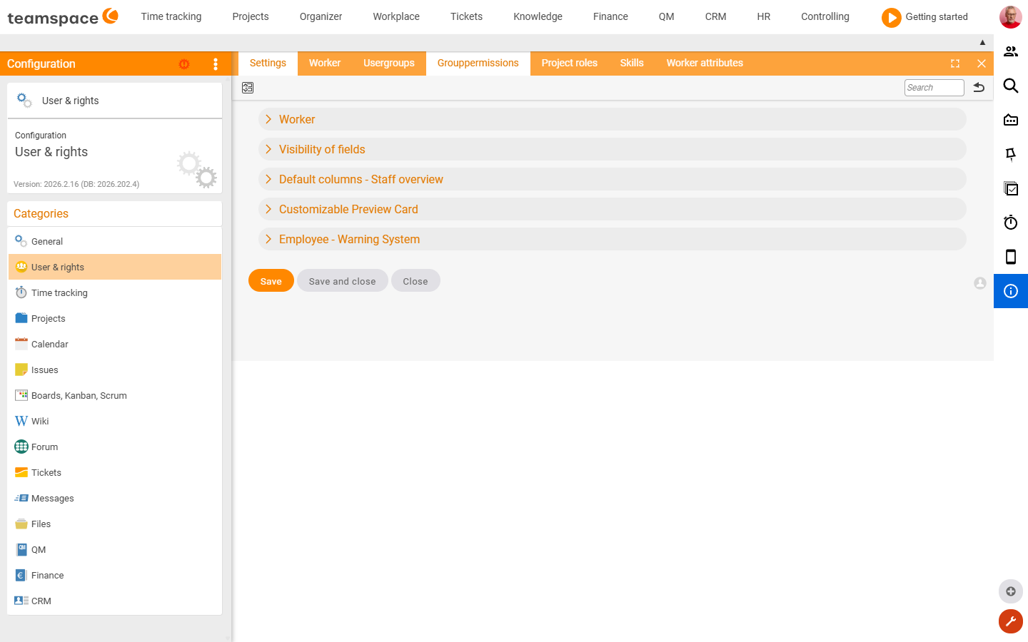 Configuration · Users and rights · Settings · HR data – make fields visible and assign a protection class