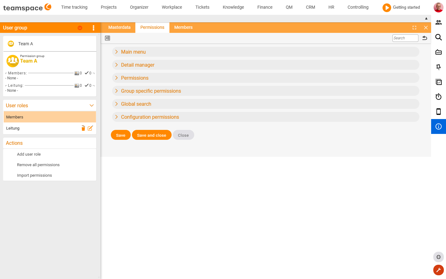 Configuration · Permission groups · Group-specific permissions – approve leave requests, report colleagues sick, view accounts