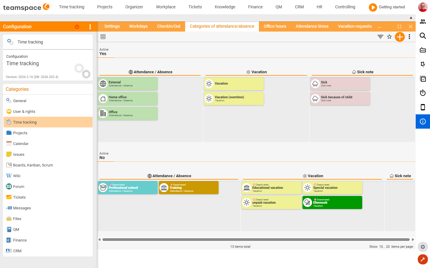 Configuration · Attendance and absence types – active and passive types, switching Special leave to 'active'