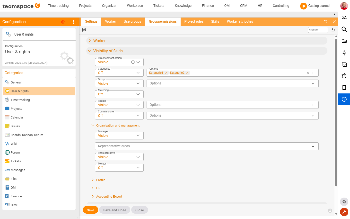Configuration → Users & rights → Settings, accordion 'Field visibility', sub-section 'Organisation and management': the fields Direct line manager, Deputy areas with the chips Leave approval, Permanent employee change and Reviews, Deputy and Mentor