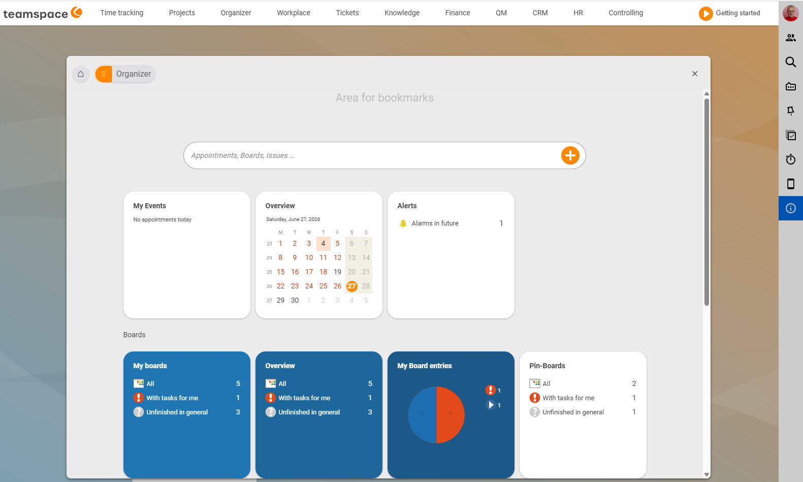 Bookmarks area Organizer with the appointments, boards and open items search bar and the tiles My appointments, Overview (with a mini month calendar) and Alarms, plus the board area below