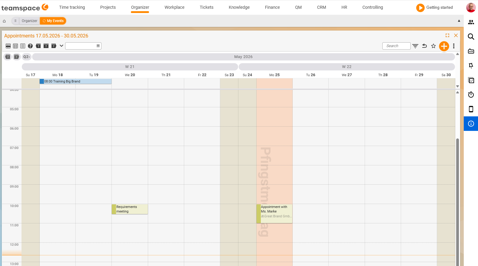 Week view My appointments for CW 21 with a seven-day grid and hour columns; the view-switcher icons at the top left, and the appointments Training Big Brand and Requirements meeting in the grid