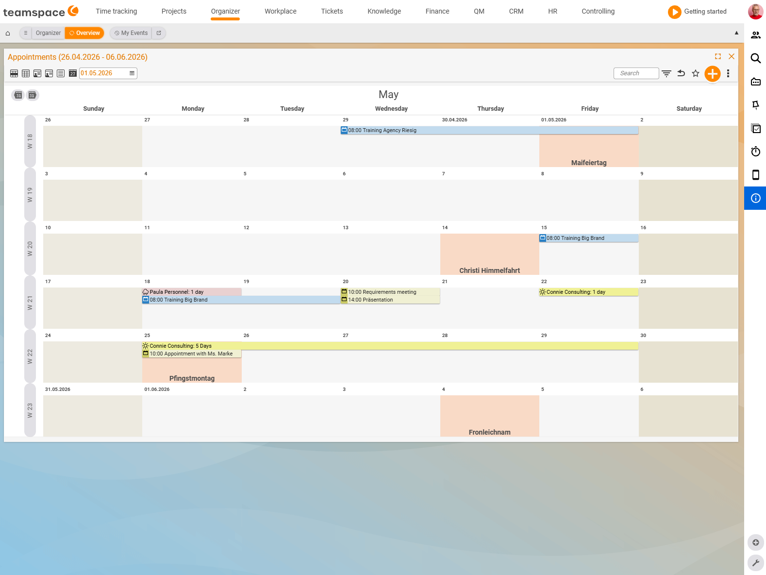 Month view Overview for May with weekday column headers and CW labels on the left; public holidays (May Day, Ascension Day, Whit Monday) are shown, along with multi-day entries such as Barbara consultation and appointments such as Training Big Brand