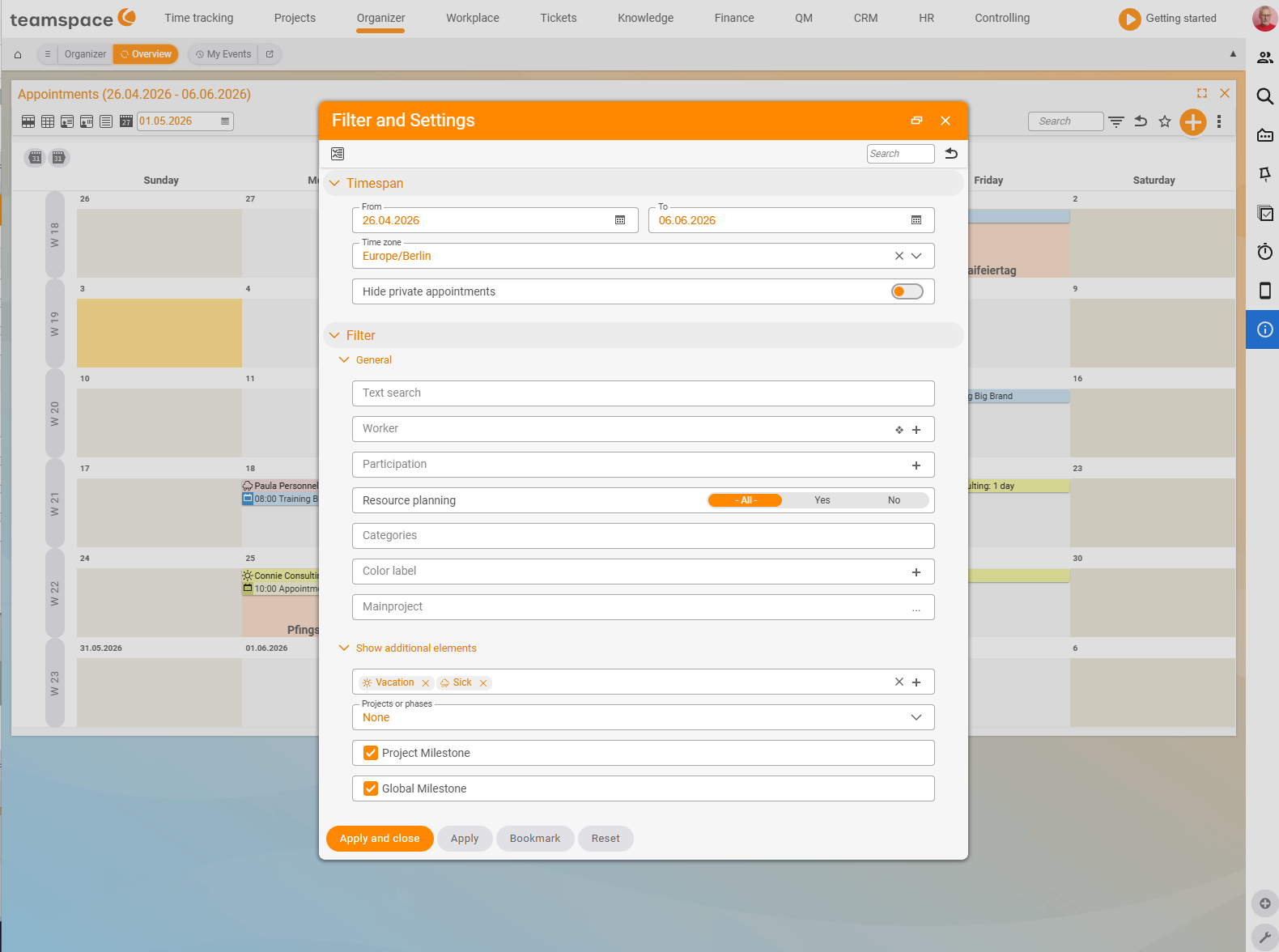 Settings and filters dialog with the Period accordion (From/To date, time zone Europe/Berlin, Hide private appointments toggle) and the Filter accordion with the sub-item Show additional elements (chips Leave and Sick, checkboxes Project milestone and Global milestone)
