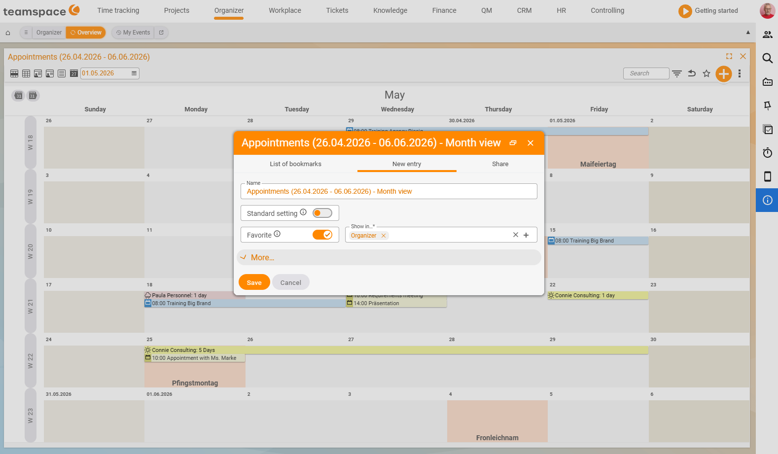 Save new dialog over the month view: name field reading Appointments (27/04/2026 – 31/05/2026) – Month view, the Favourite toggle switched on and the Show in field set to Organizer; tabs Bookmark list, Save new, Share