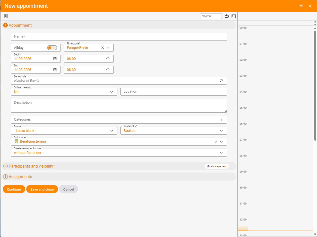 New appointment dialog, section 1 Appointment: mandatory field Name, All day toggle, time zone Europe/Berlin, Start and End fields with date and time, recurrence rule None, online meeting No, availability Busy and the colour marker Consultation