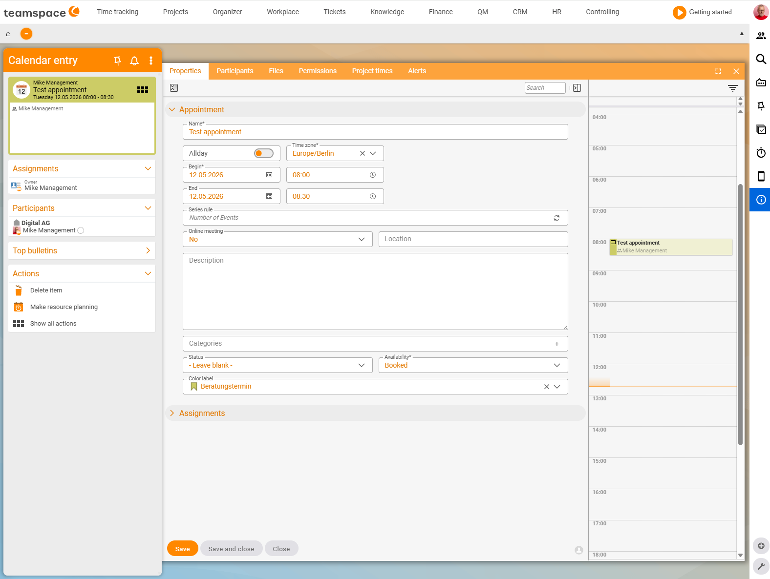 Detail manager of the appointment Test appointment with the Properties tab open: tab row Properties, Participants, Files, Permissions, Project times, Alarms; in the form Name, Start/End, online meeting No, availability Busy, colour marker Consultation; on the left the document card with Assignments, participants and Actions