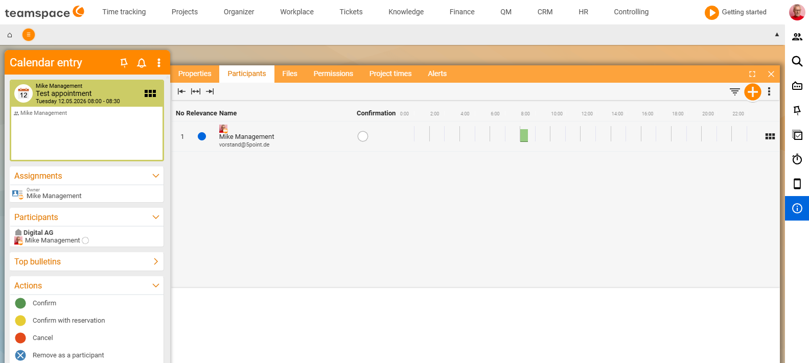Detail manager of an appointment on the Participants tab: tab row Properties, Participants, Files, Permissions, Project times, Alarms; in the participant table the entry Volker Vorstand with an accept switch and a green availability bar on the hour timeline