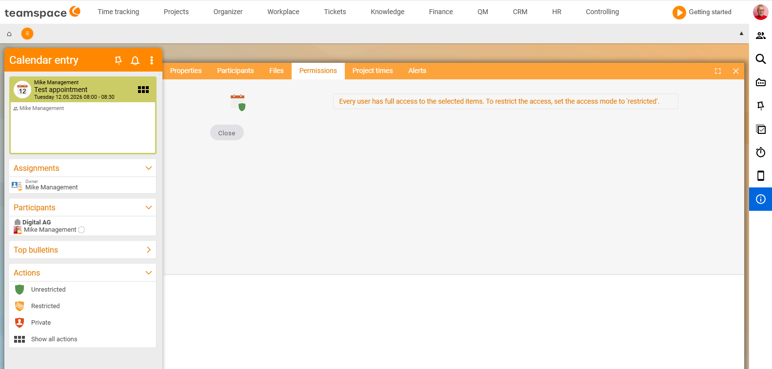 Permissions tab of an appointment in Unrestricted mode: header reads that all users have full access to the selected elements and that you can restrict access by changing the access mode to restricted; on the left, in the Actions sidebar, the modes Unrestricted, Restricted and Private