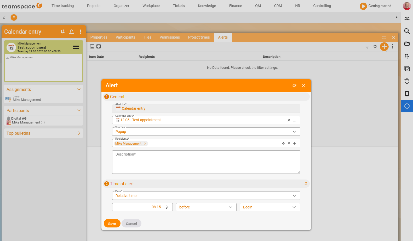 Alarm dialog over the Alarms tab of an appointment: section General with Alarm for set to Calendar entry, calendar entry 05/05 – Test appointment, Send as set to Popup and recipient Volker Vorstand; section Time of the alarm with Relative time and the setting 0h 15 before Start