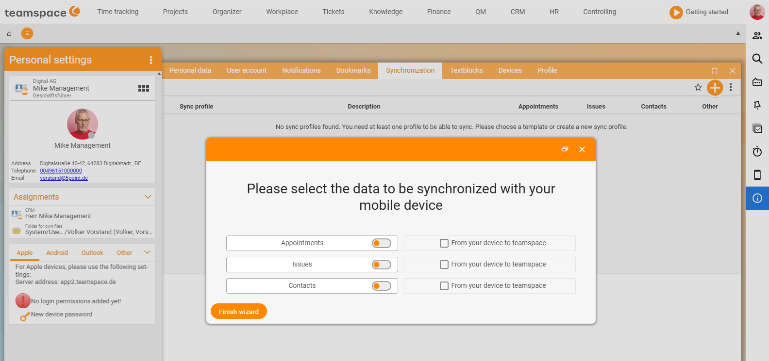 Personal settings on the Synchronisation tab with an empty sync profile list; above it the creation wizard asking you to choose the data to synchronise with your mobile device, with the switches Appointments, Open items and Contacts