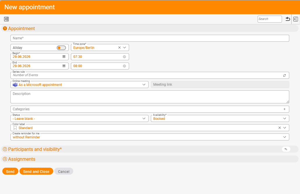 New appointment dialog with the Online meeting field set to As a Microsoft appointment (Teams icon) and the additional, still empty Meeting link field; below it availability Busy and colour marker Standard