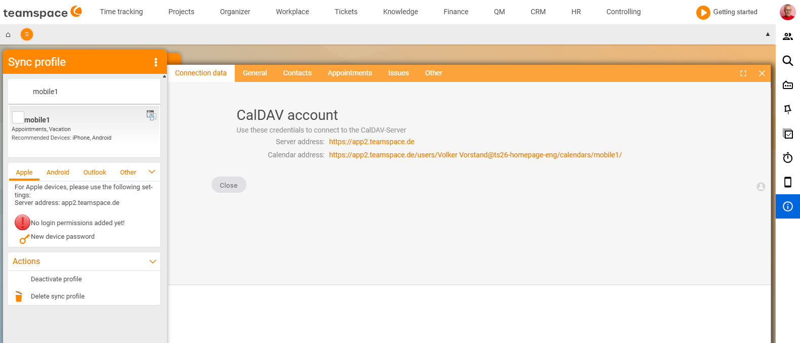 Sync profile mobil1 on the Connection details tab with the CalDAV interface: server address https://app2.teamspace.de and the calendar address to enter into the device's calendar program