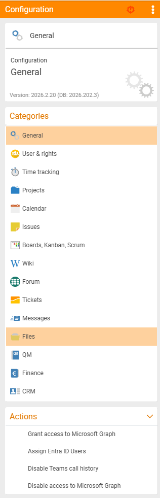 Configuration in the General category (version 2026.2.20) with the category list; at the bottom the expanded Actions area with the links Grant access to Microsoft Graph, Assign Entra ID users, Disable Teams call history and Disable access to Microsoft Graph