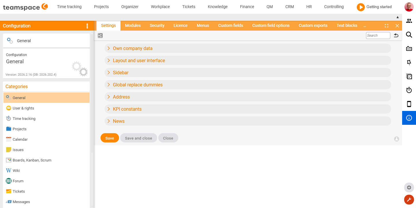 Settings tile of the General category with the sections Your company, Layout and operation, Sidebar, Global replacement fields, Address, KPI constants and News