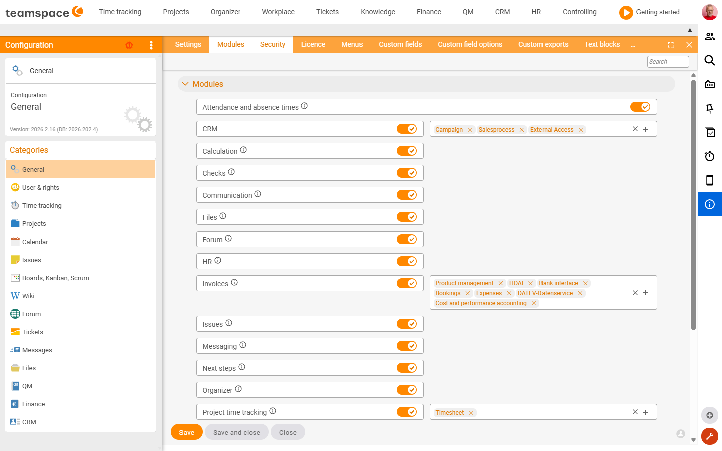 Modules tile with switches for CRM, Invoicing, HR, Wiki, Tickets and other modules