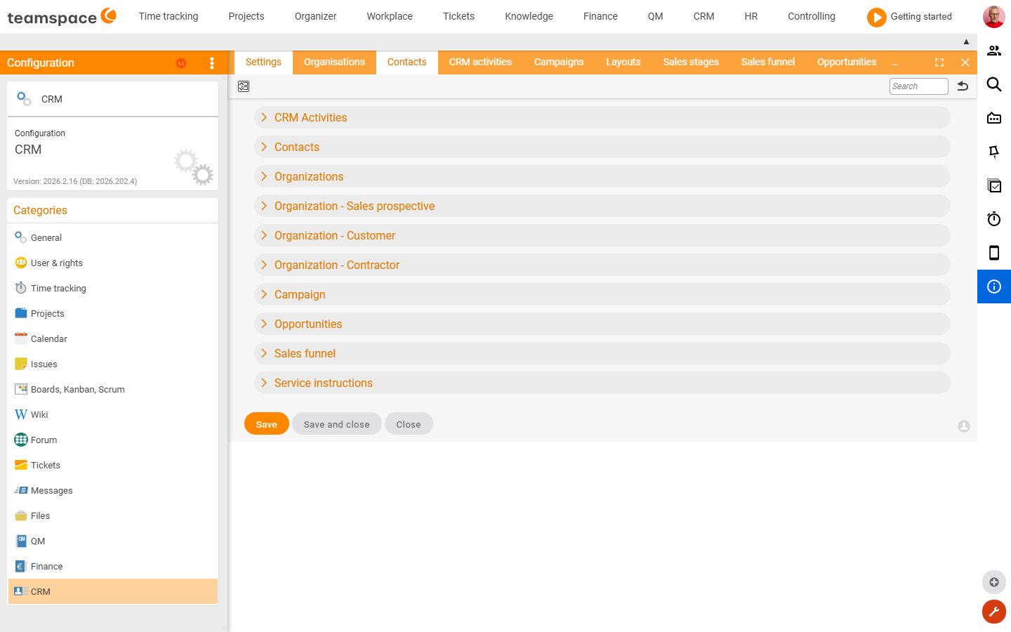 Settings tile of the CRM category with the sections General, Contacts, Customer and supplier aspects, Campaign and Field visibility
