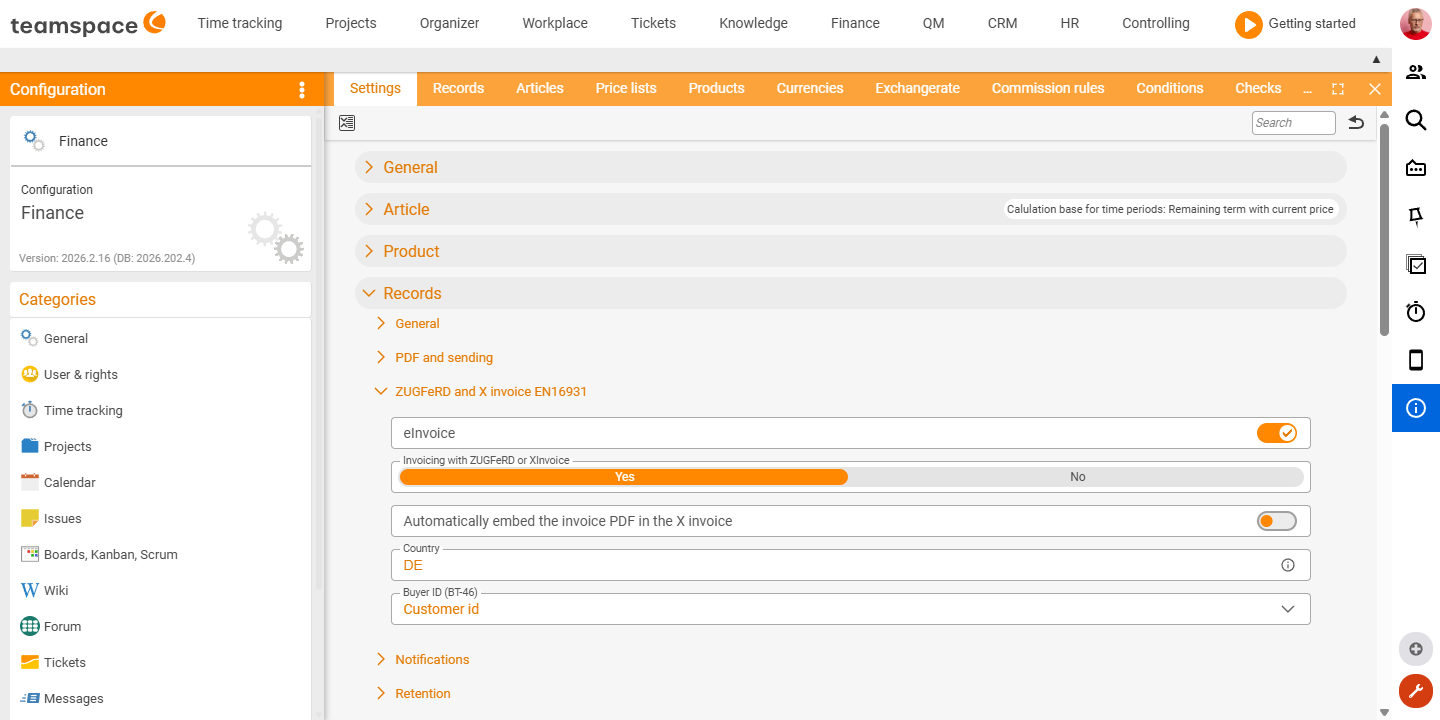 Settings tile of the Finance category with the expandable sections General, Articles, Documents, Item, Invoice run, Costs, Postings, Travel expenses and Export/DATEV