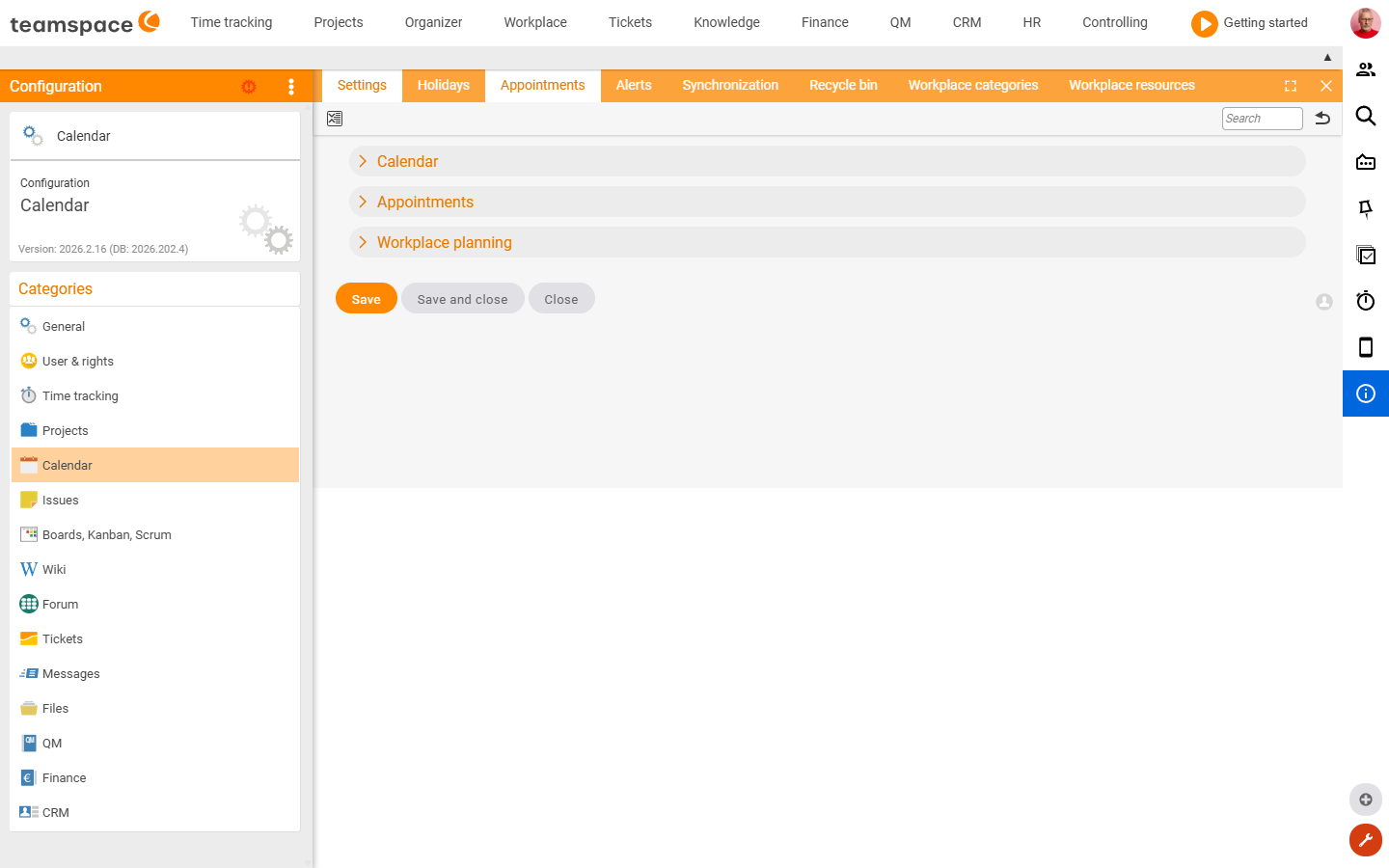 Settings tile of the Calendar category with the sections Calendar, Appointments, Workplace booking and Field visibility