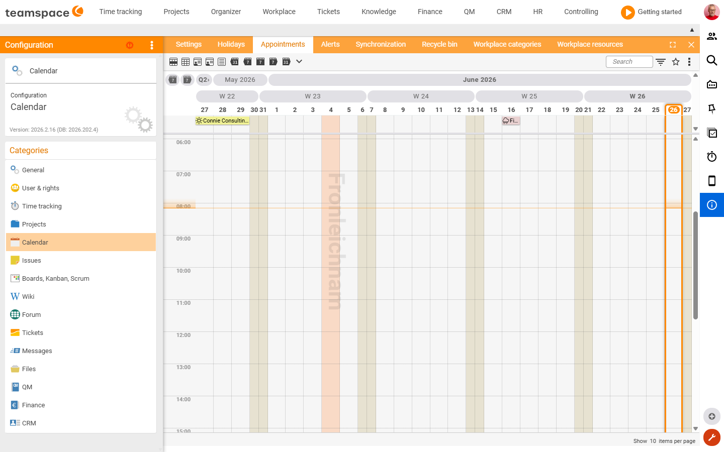 Appointments tile of the Calendar category: admin calendar list of all appointments in the week grid