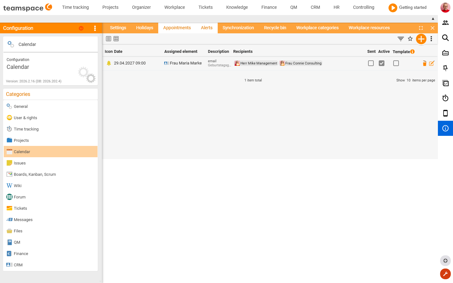 Alarms tile of the Calendar category: list of the system reminders with columns Date, Affected element, Description, Recipient, Sent, Active, Template