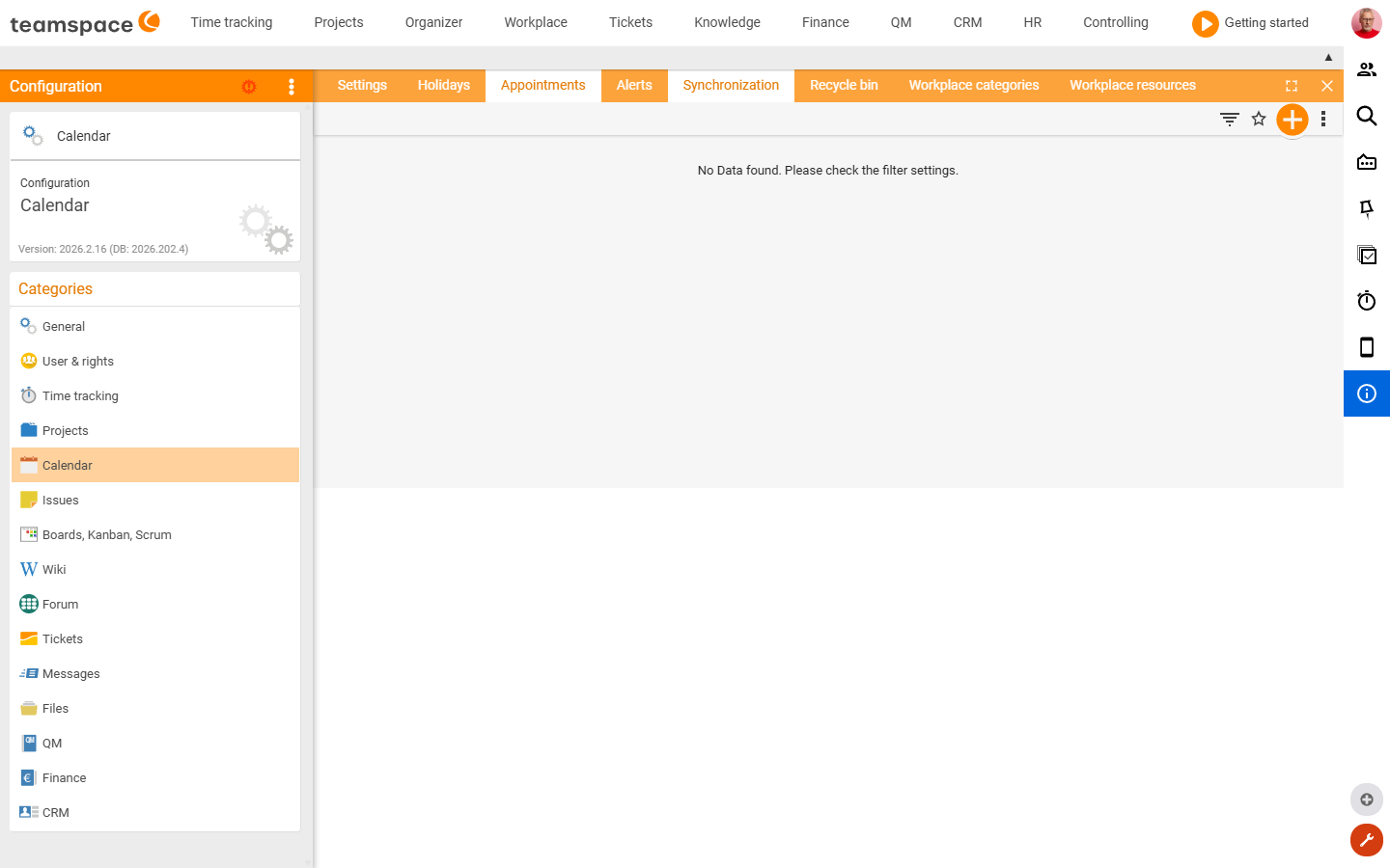 Synchronisation tile of the Calendar category: list of the synchronisation profiles
