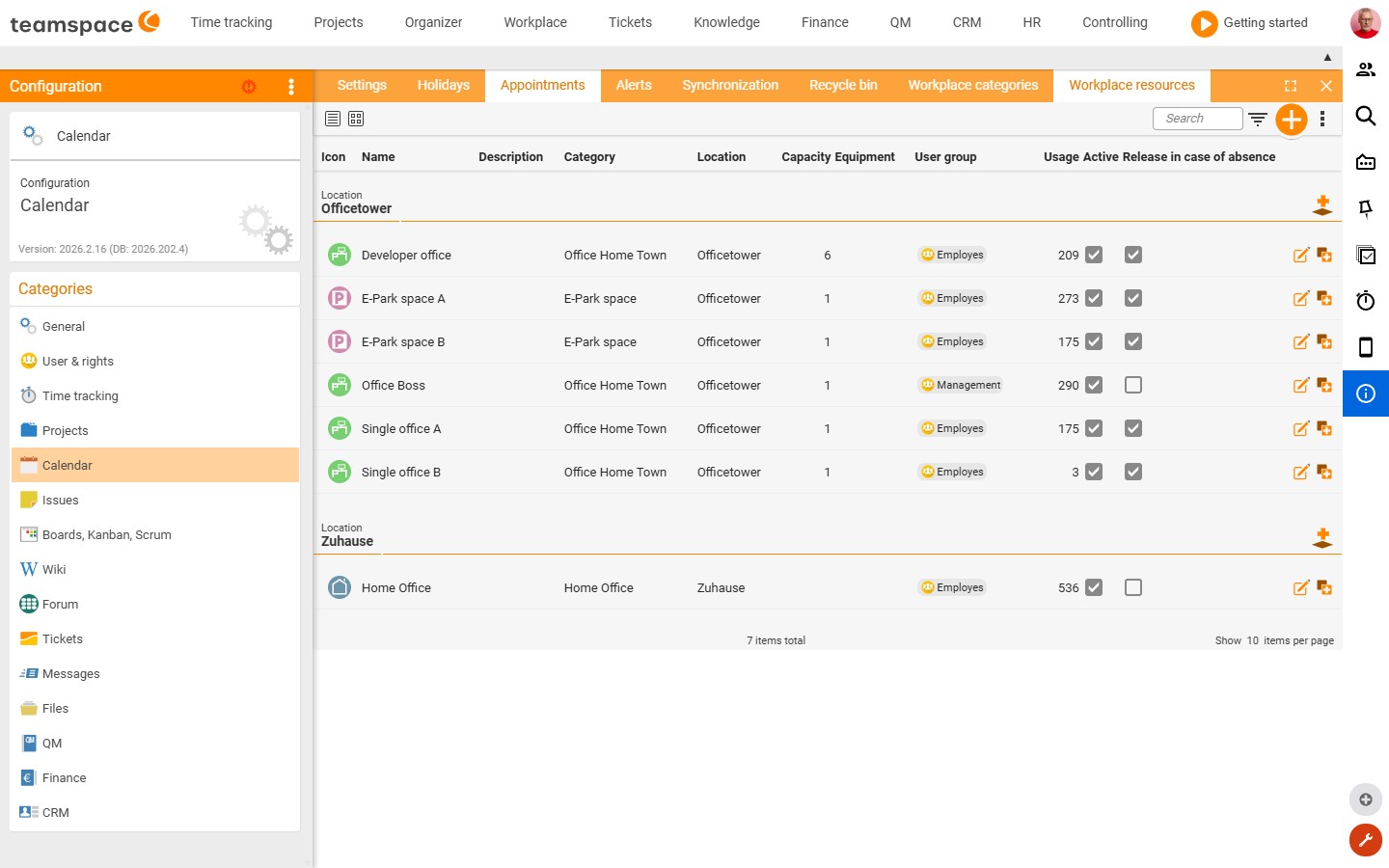Workplace resources tile of the Calendar category: list of resources with columns Name, Category, Location, Capacity, Equipment, User group, Active, Release when absent