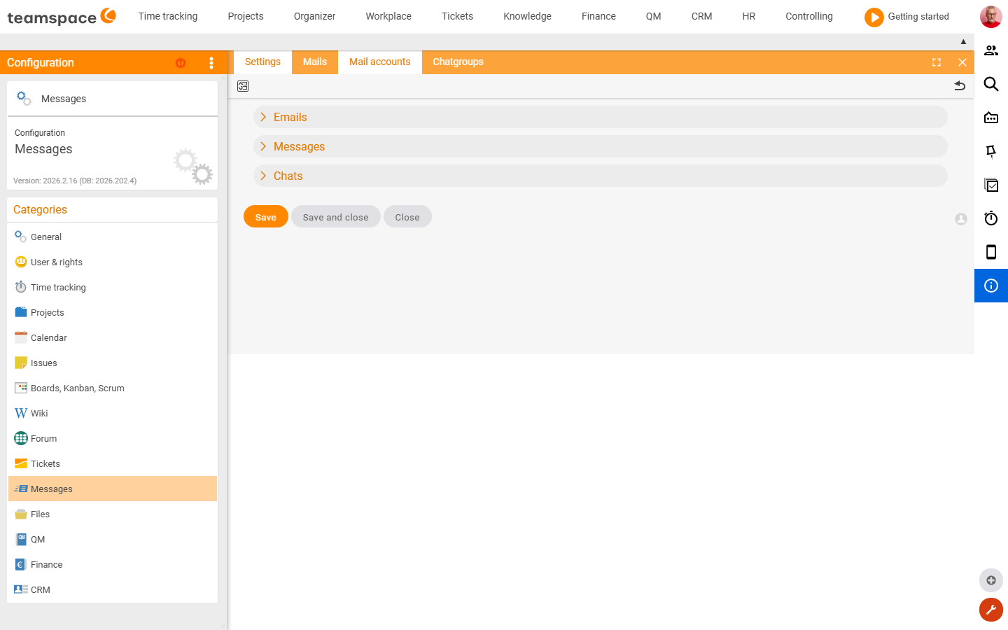 Settings tile of the Messages category with email style, system identifier, categories and pfChat