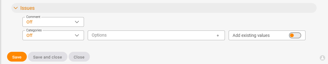 Settings tile with the fields Comment (Off), Categories (Off), Options and the switch Add existing values