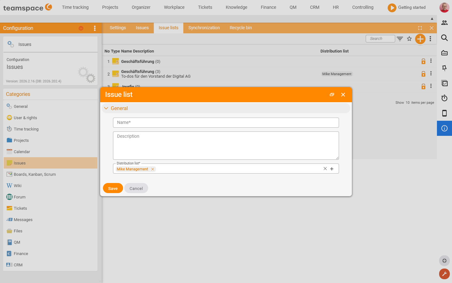 Creation dialog Open-items list with the fields Name, Description and Distribution list
