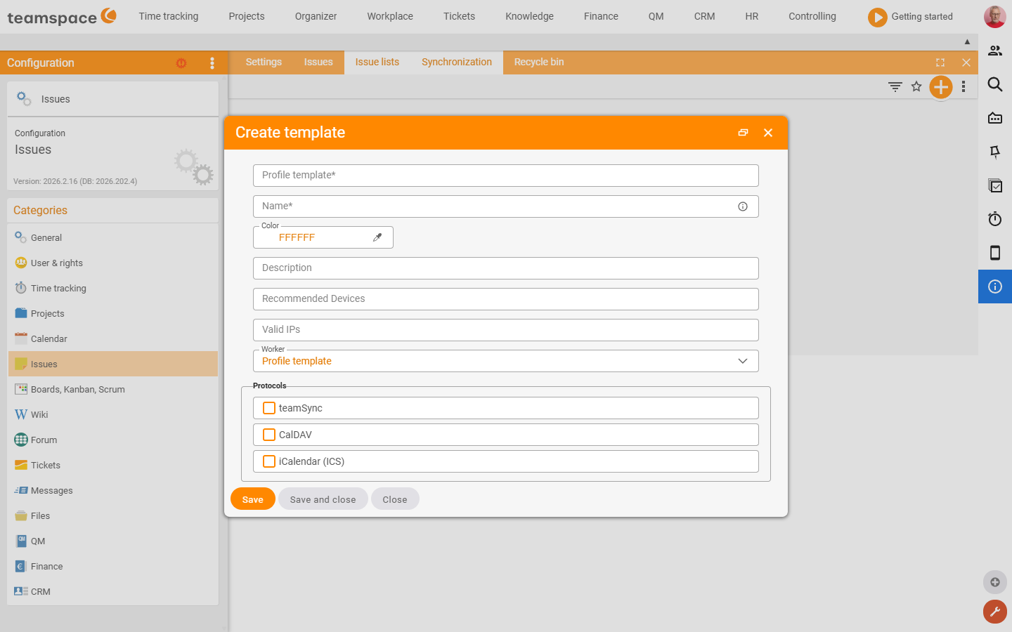 Creation dialog of a sync profile with Profile template, Name, Colour, Valid IPs, Employee and the switches teamSync, CalDAV and iCalendar