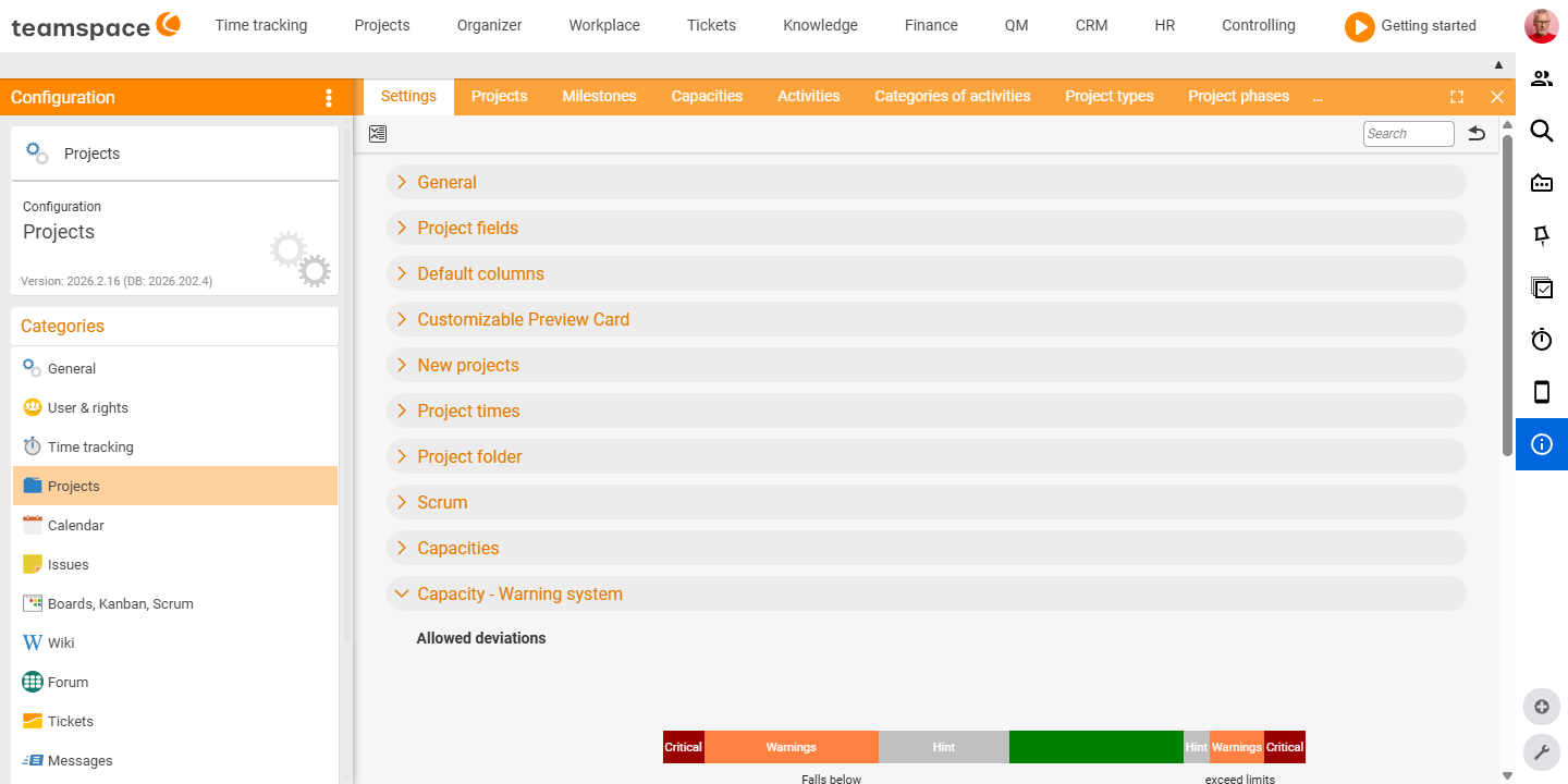 Settings tile of the Projects category with the sections General, Project fields, Project structure, New projects, Backlog/Sprint, Capacity and Milestone