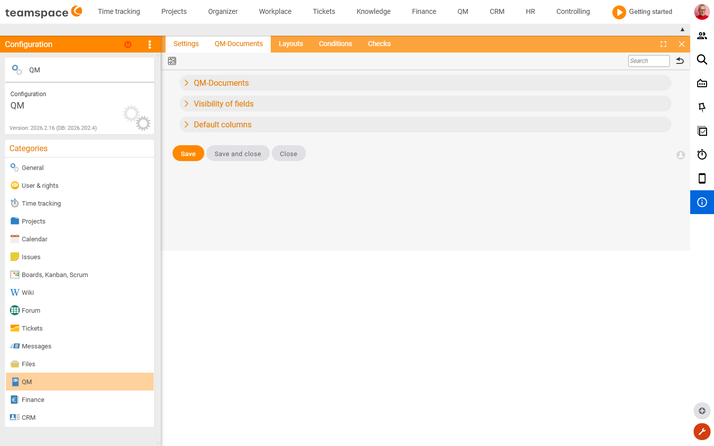 Settings tile of the QM category with the sections QM documents, Default review, Field visibility and Key figures