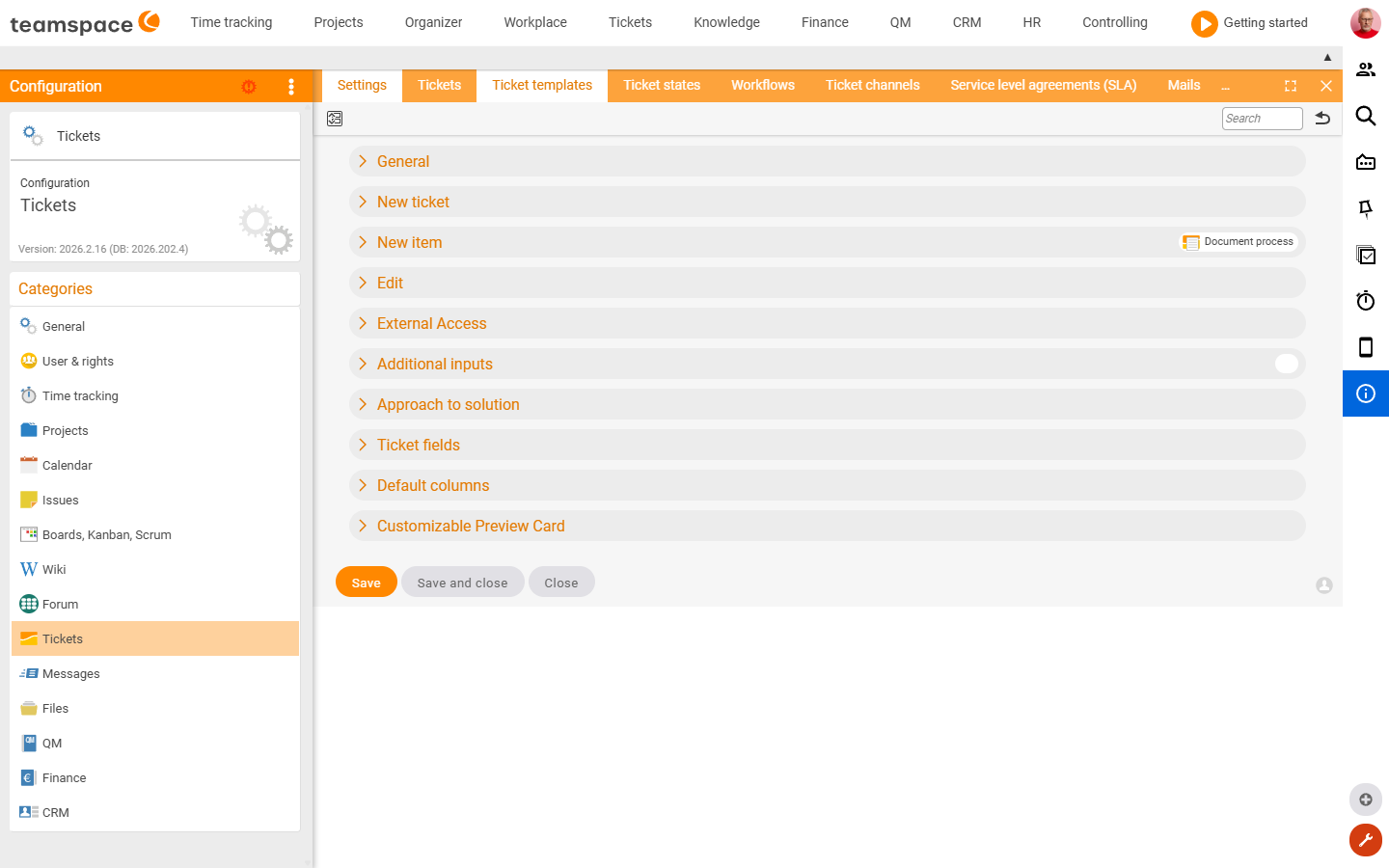 Settings tile of the Ticketing category with the sections General, New ticket, Ticket fields and Preset columns