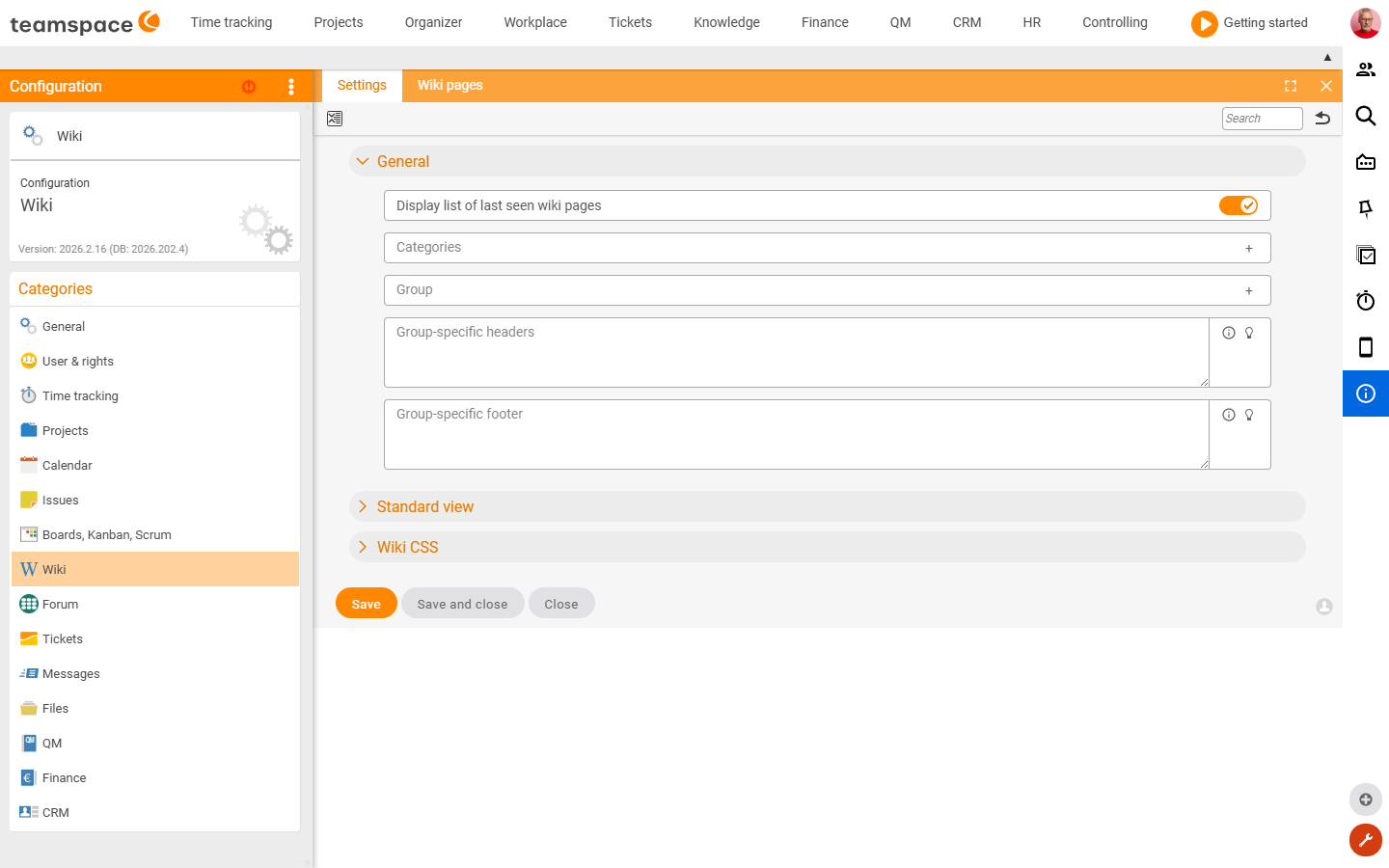 Settings tile of the Wiki category with the General section and the Wiki CSS field