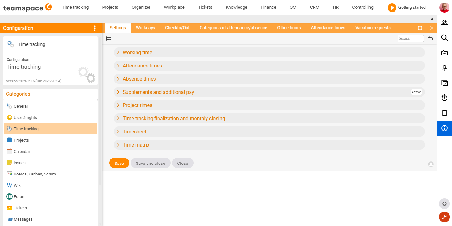 Settings tile of the Time tracking category with the sections Working time, Attendance times, Project times, Locking and Timesheet