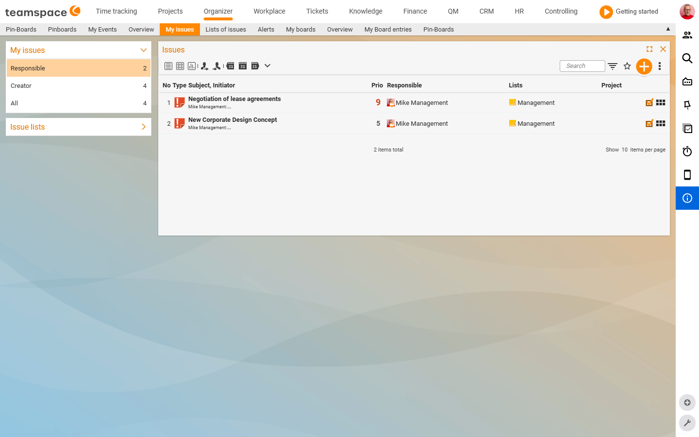 The 'My open items' list with two entries (Negotiate rental agreements, Concept for new corporate design) and the columns No, Type, Subject/Originator, Prio, Assignee, Lists, Project