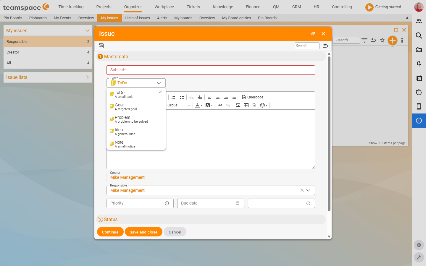 Open item creation dialog with the Type drop-down expanded: ToDo (A small task), Goal, Problem, Idea, Note
