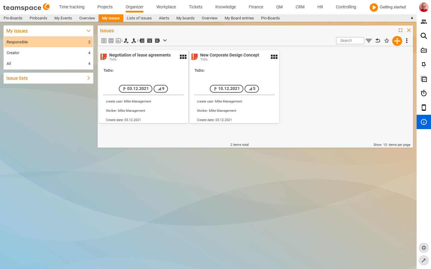 Tile view of the open items with two ToDo cards (type icon, subject, due-date and priority chip)