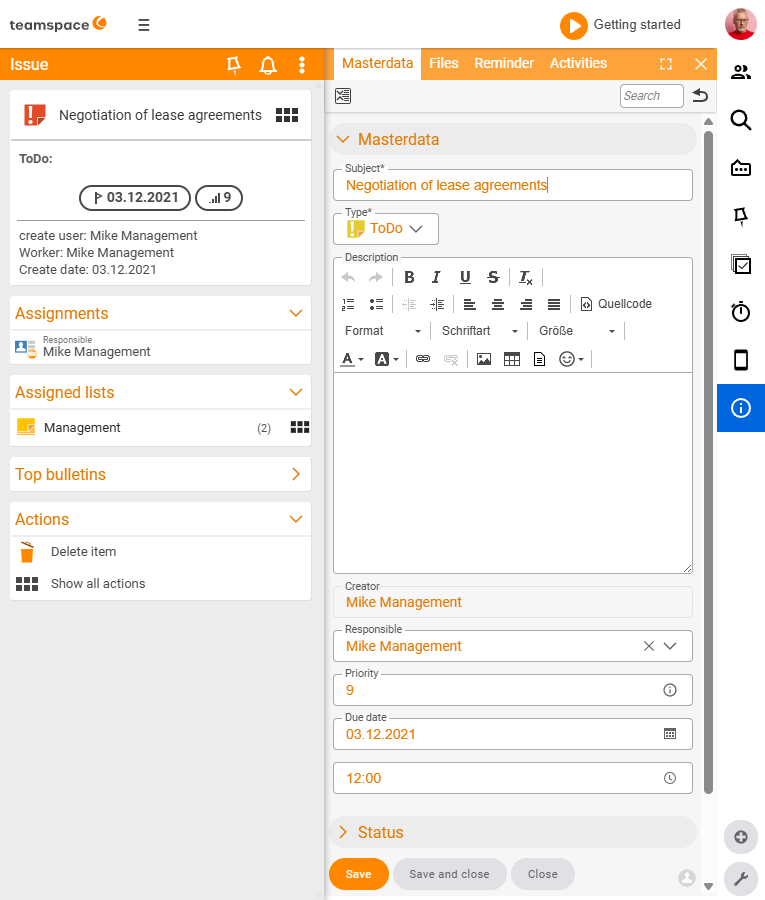 Open item detail manager, tabs Master data/Files/Alarms/Times; on the left the document card with type, due date and prio, in the centre the master-data fields, below them the Status section
