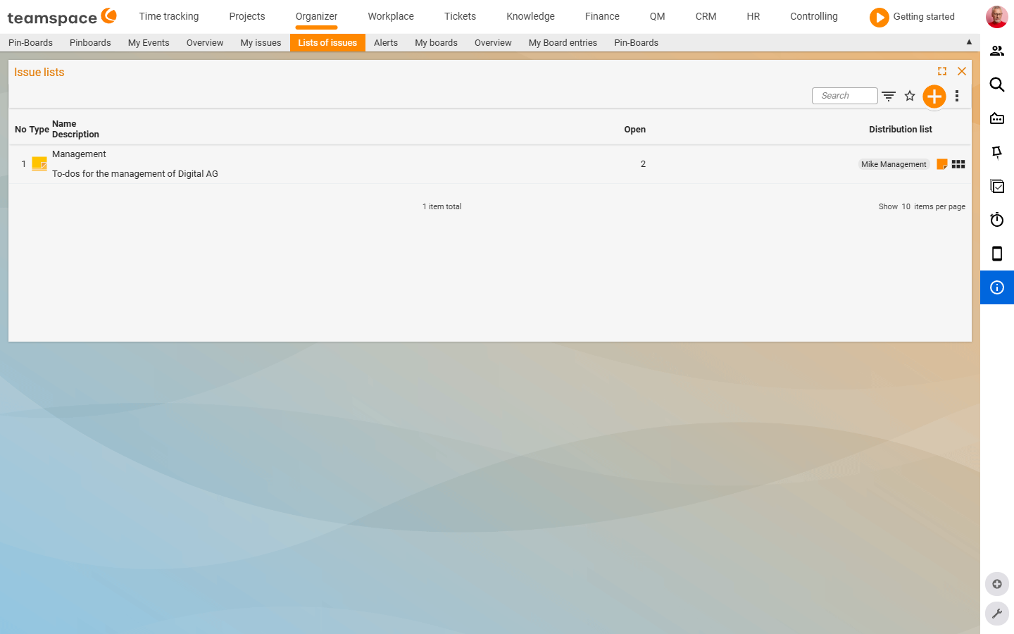Open-items lists overview with the columns No, Type, Name/Description, Open, Distribution list; the Management list with 2 open items