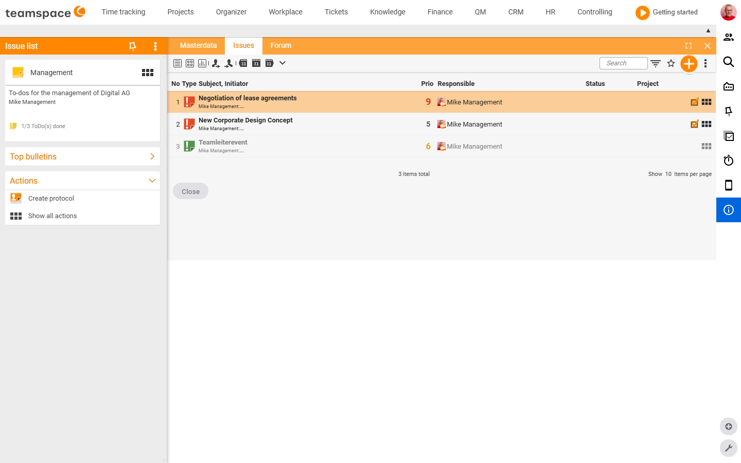 List detail manager with tabs Master data, Open items, Forum; the Open items tab with a table (No, Type, Subject/Originator, Prio, Assignee, Status, Project) and a left status sidebar 1/3 ToDo(s) done