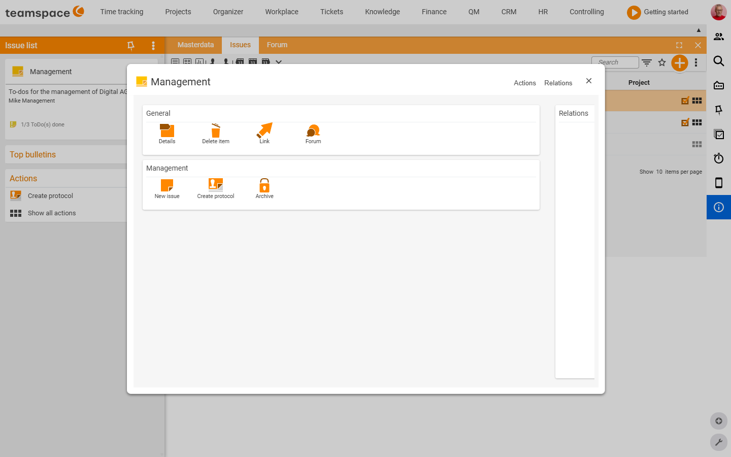 The list's Actions modal with a General section (Details, Delete, Link, Forum) and a Management section (New open item, Create minutes, Archive)