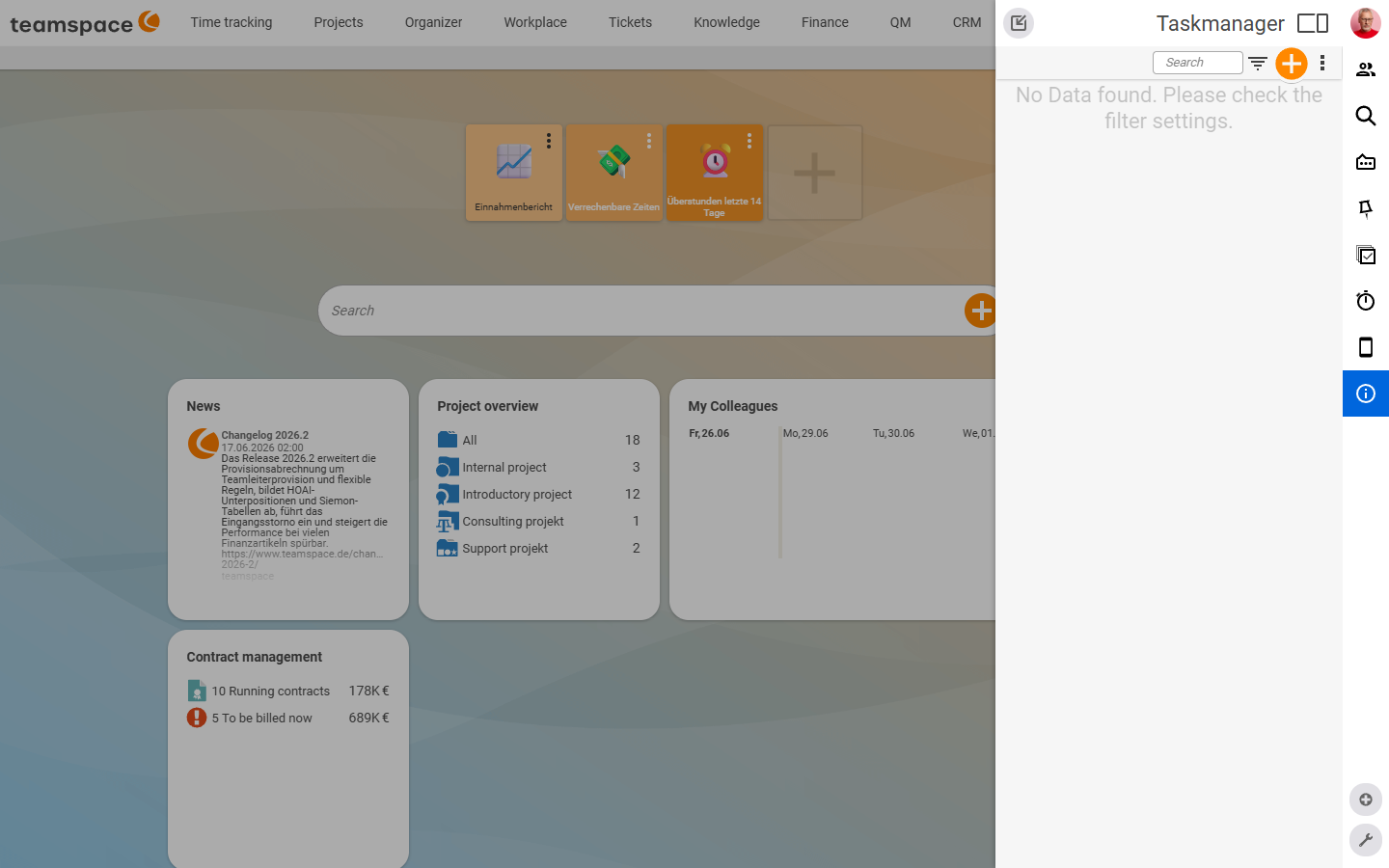 Task manager as a slide-in from the right with a search, filter and plus toolbar, the main view dimmed in the background